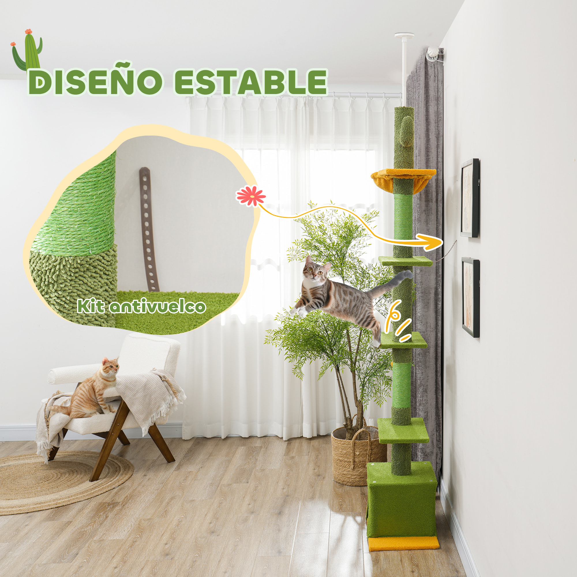Árbol para Gatos de Suelo a Techo de 230-275 cm, Torre para Gatos con Altura Ajustable, Plataformas, Cueva, Hamaca, Postes de Sisal y Bola de Juguete, Verde