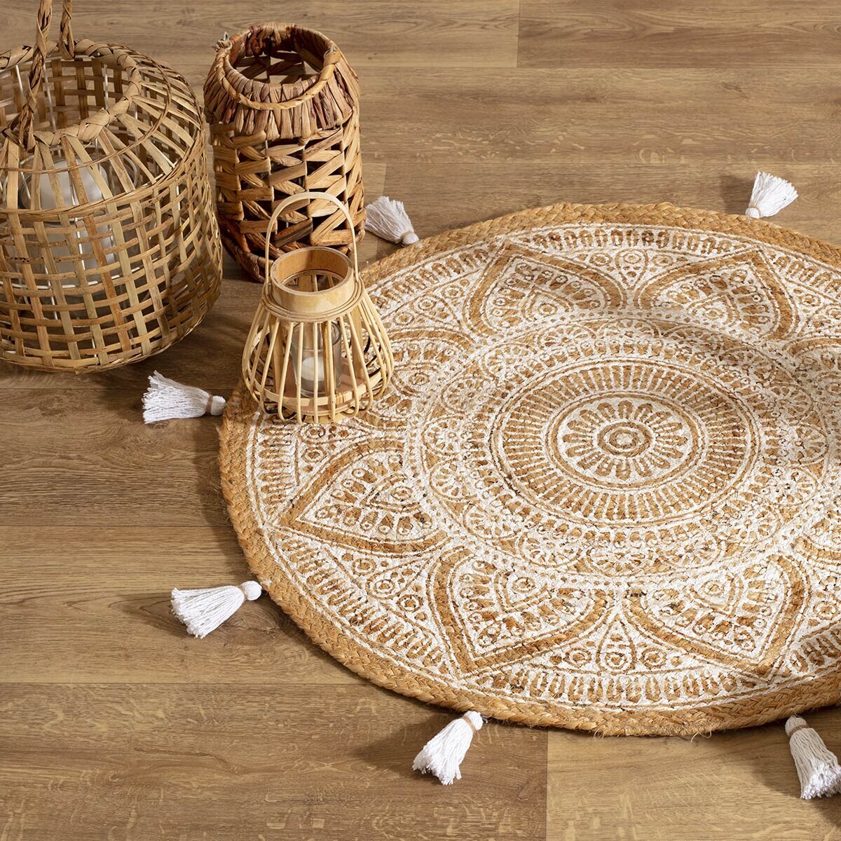 Tapis imprimé à pompons "Rosalie" - jute D78 cm