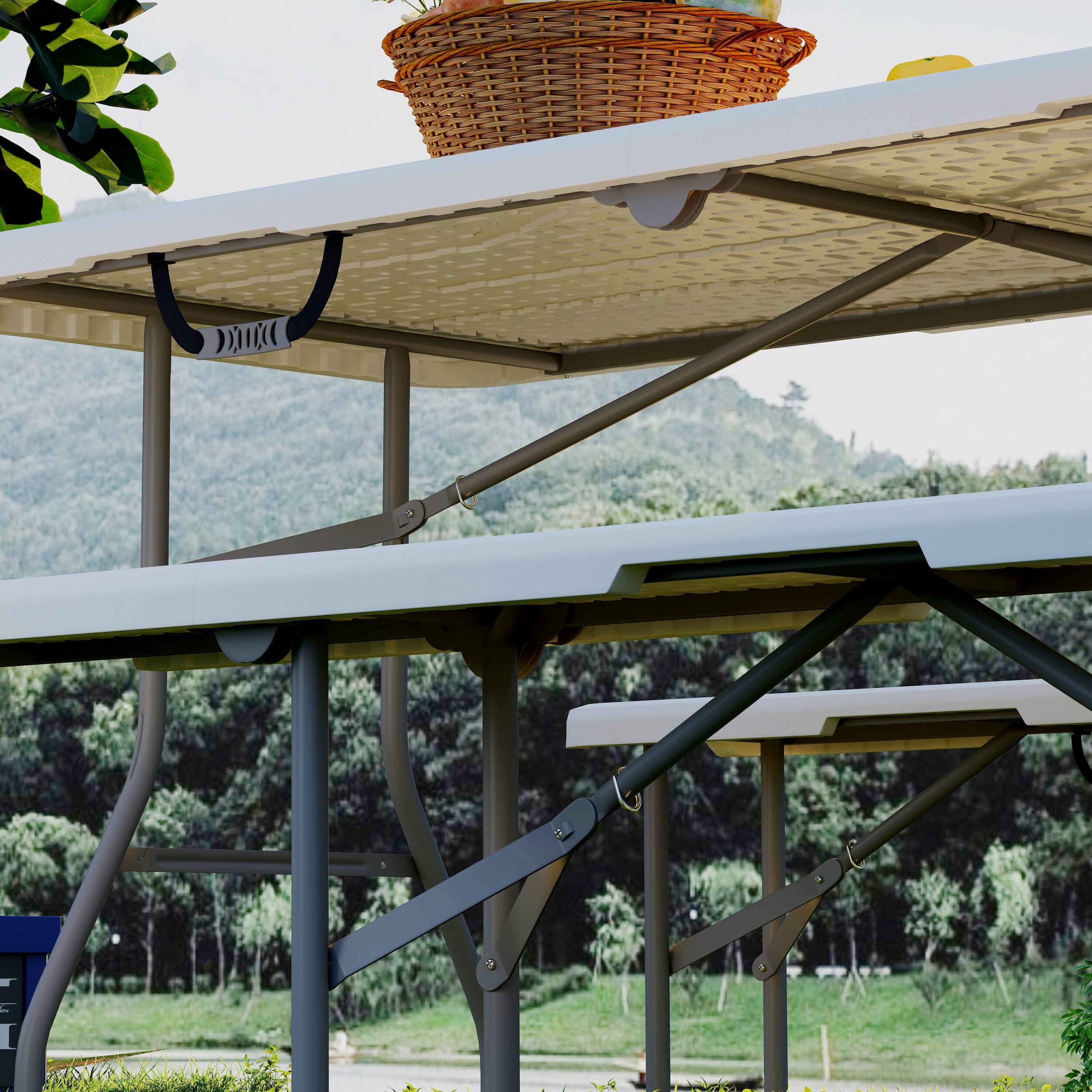 Ensemble table 2 bancs pliables avec poignées - usage pique-nique camping - métal époxy HDPE blanc