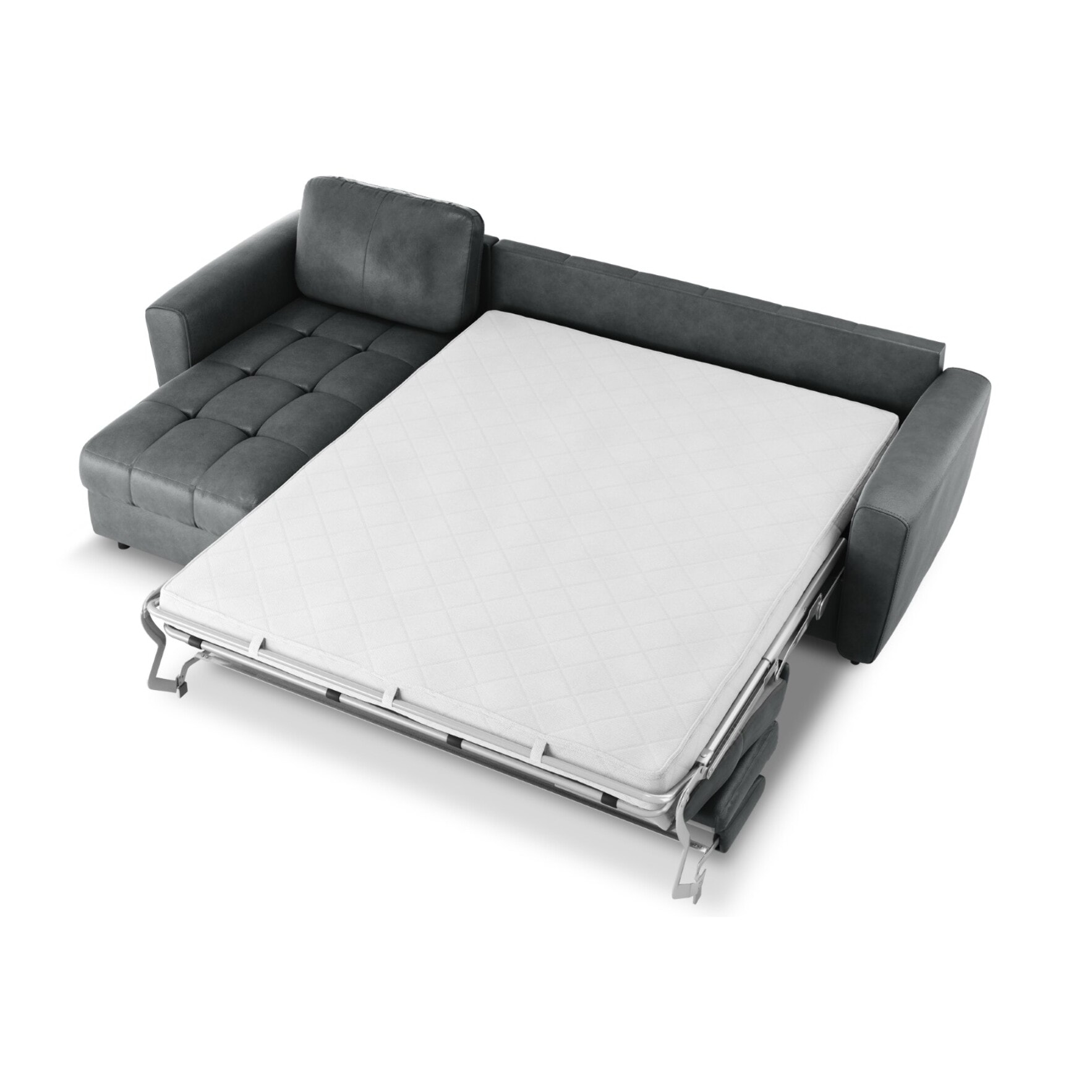 Canapé d'angle gauche convertible "Audra" 5 places en cuir véritable bleu gris
