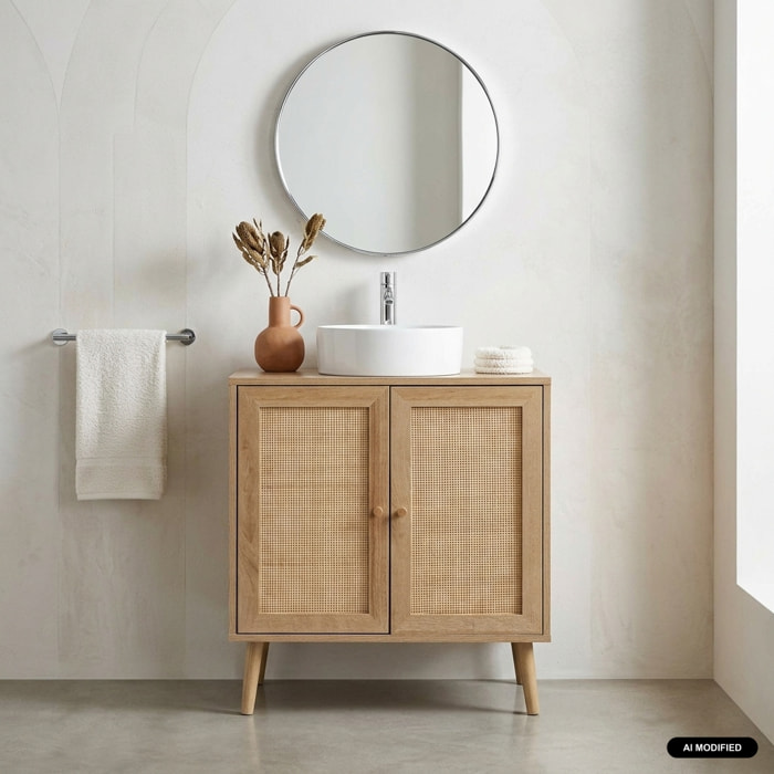 Meuble sous lavabo décor bois et cannage BOHÈME