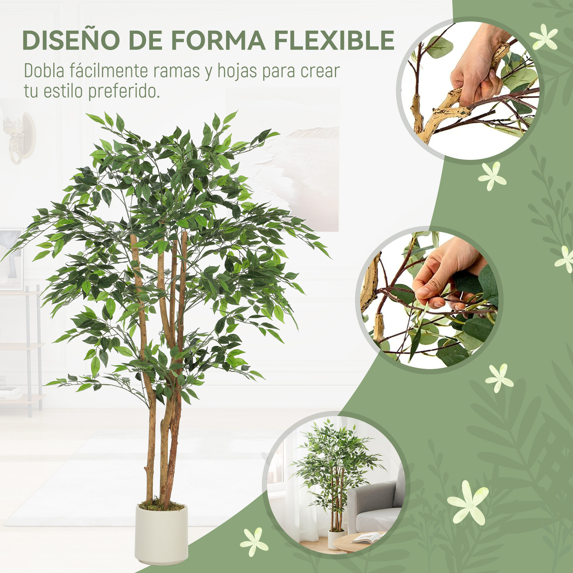 Ficus Artificial 150 cm, con Tronco Natural, Planta Artificial Realista para Interior con Maceta, Decoración para Hogar, Salón, Oficina, 65x65x150 cm, Verde