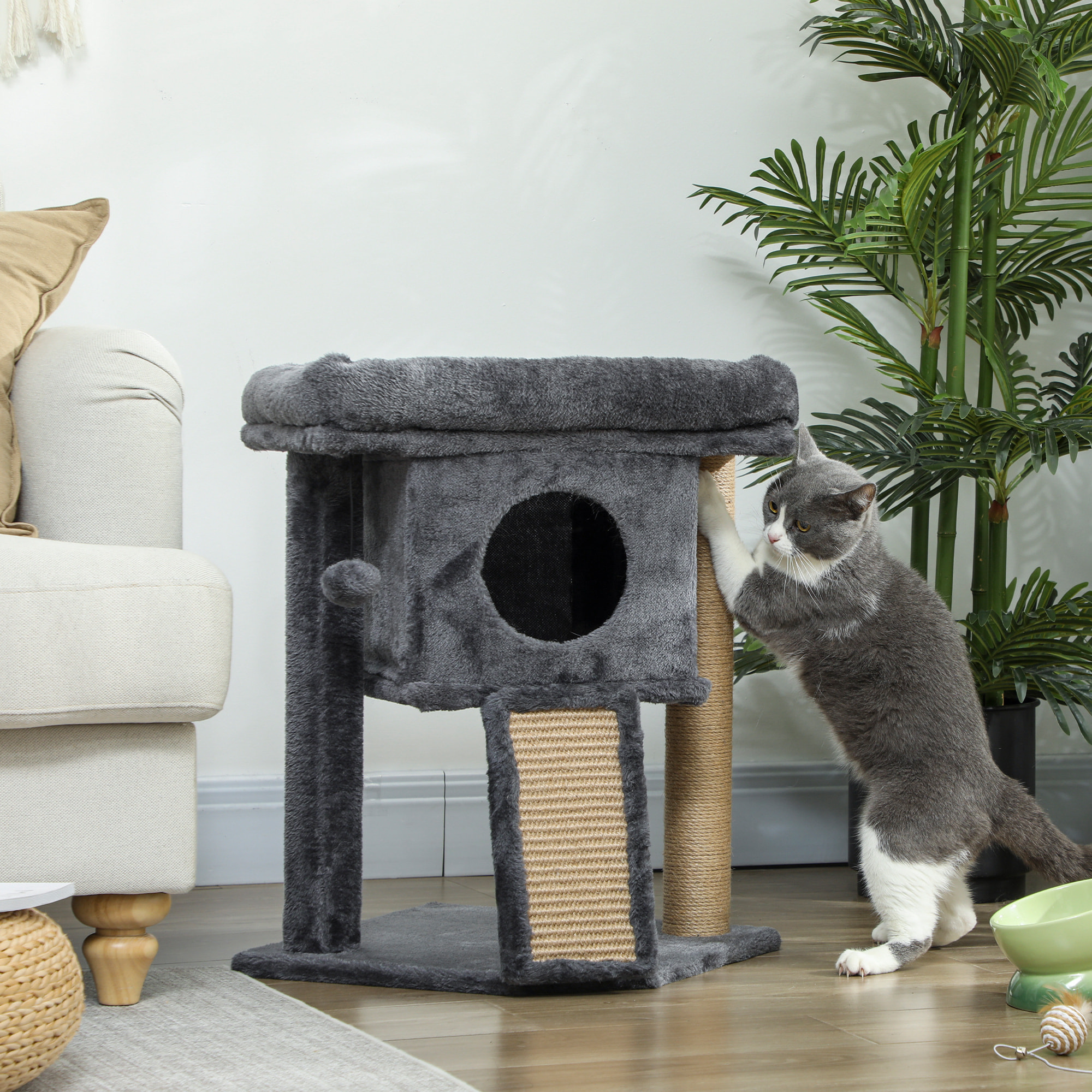 Árbol Rascador para Gatos Pequeños 57 cm, Torre para Gatos con Poste de Sisal, Rampa para Rascar, Cueva, Cama y Bola Colgante, 40x40x57 cm, Gris Oscuro