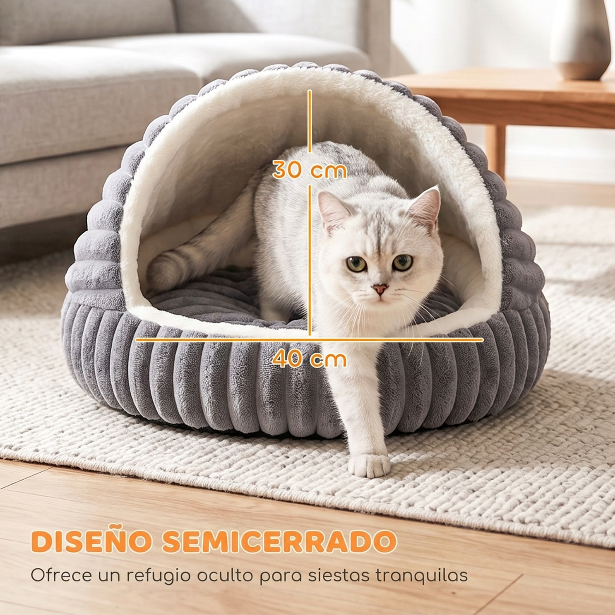 PawHut Cama para Gatos, Cueva para Gatitos Redonda con Base Antideslizante y Cojín Lavable, para Interior, 50x50x32 cm, Gris