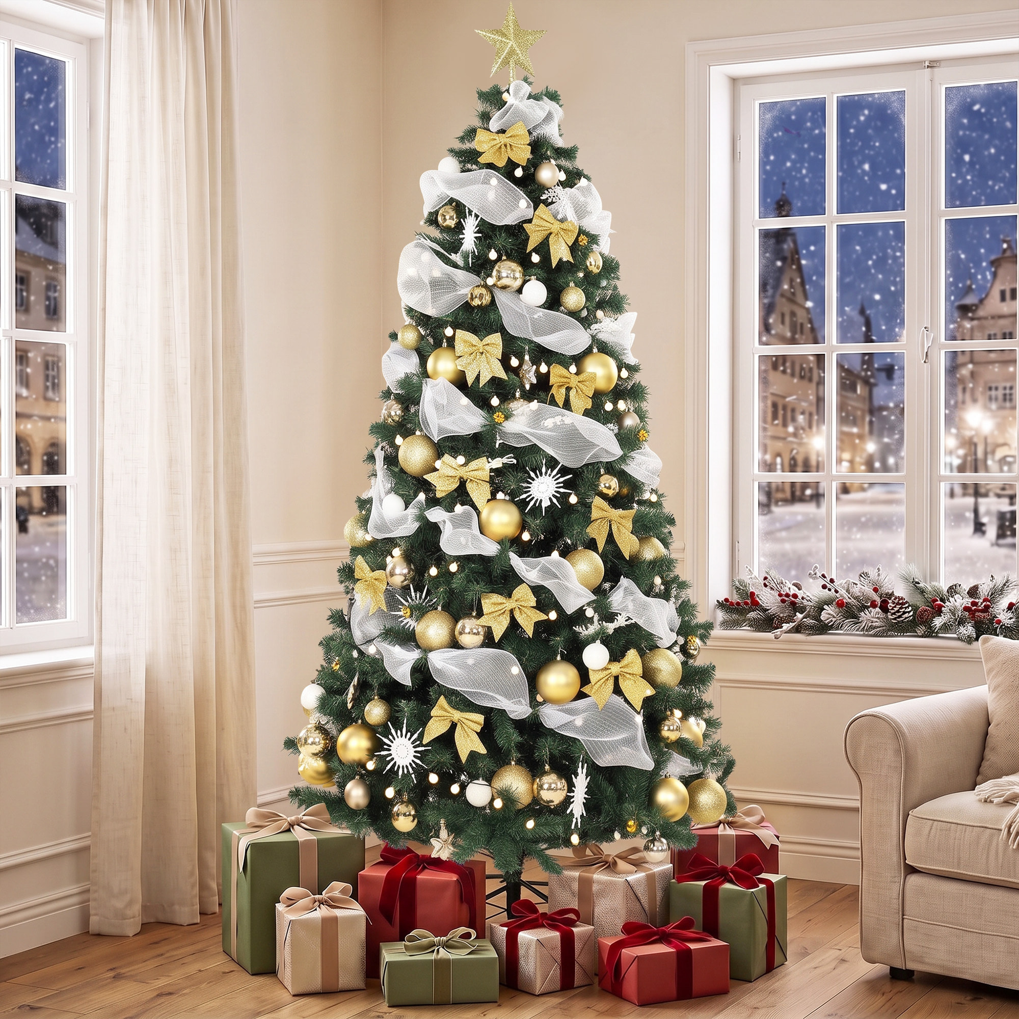 HOMCOM Árbol de Navidad con 250 LED Blanco Cálido, 230 cm, Árbol de Navidad Predecorado, 1136 Ramas, 8 Modos, Bolas, Cintas y Lazos, Mando a Distancia, Base Metálica Plegable, Funciona con USB, Verde