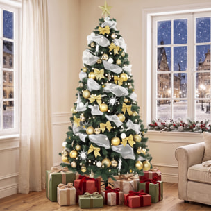 HOMCOM Árbol de Navidad con 250 LED Blanco Cálido, 230 cm, Árbol de Navidad Predecorado, 1136 Ramas, 8 Modos, Bolas, Cintas y Lazos, Mando a Distancia, Base Metálica Plegable, Funciona con USB, Verde