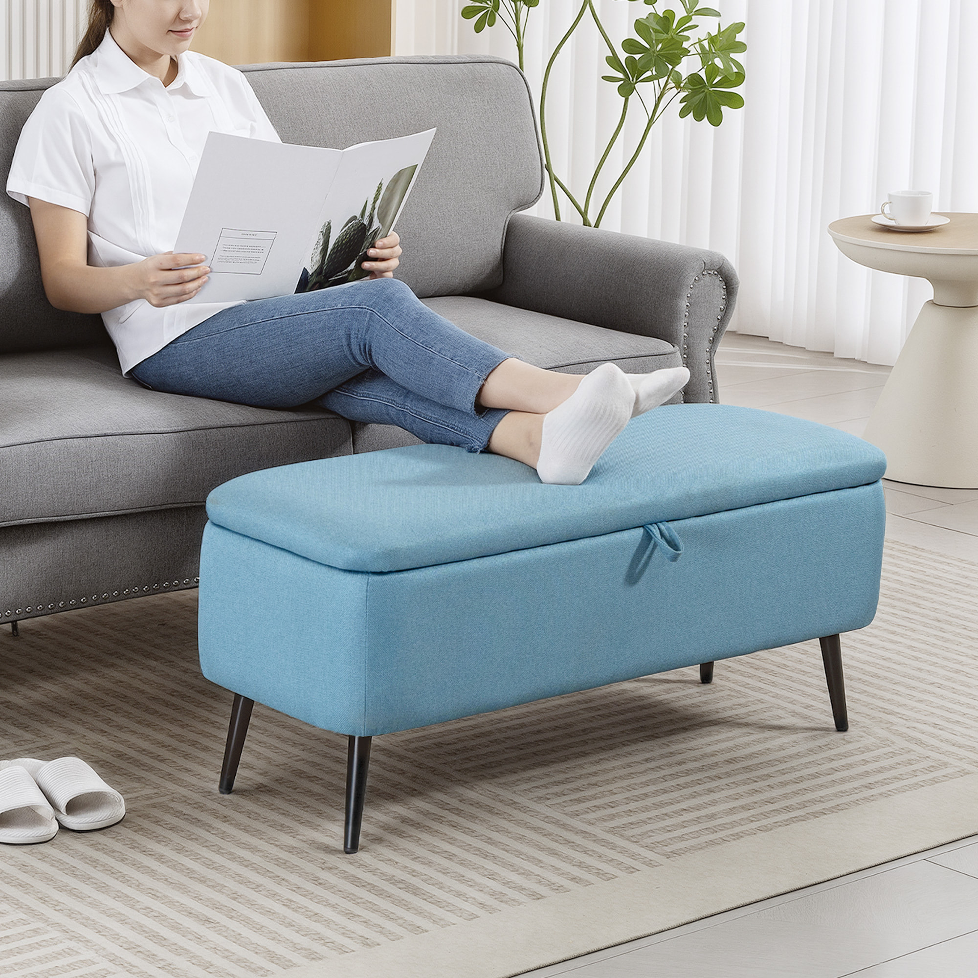 Puff Almacenaje Banco Almacenaje Tapizado en Lino Sintético con Tapa Abatible y Patas de Acero para Dormitorio Salón Entrada Carga 150 kg 101x38,5x44,5 cm Azul Claro