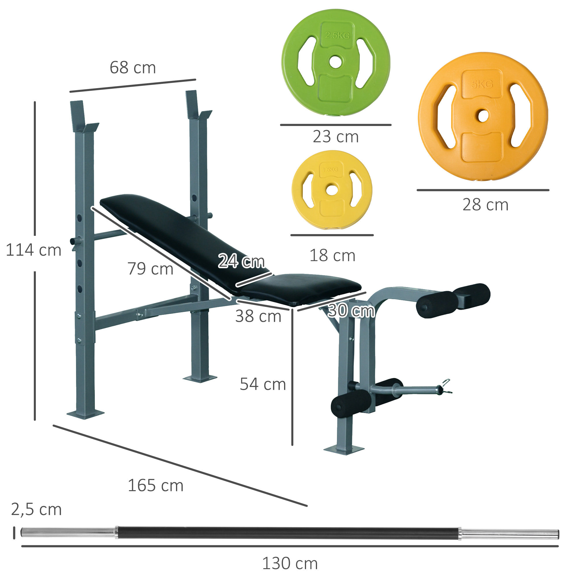 Conjunto de Banco de Pesas Multifuncional y Barra de Pesas con 6 Discos de Pesos Intercambiables para Entrenamiento Fuerza y Brazos en Gimnasio 165x68x114 cm 130x28x28 cm Multicolor