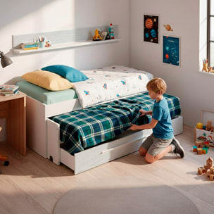 Letto A Castello Salvaspazio Con Letto Estraibile Cassetto E Mensola Design Nordico Ideale Per Camerette  65×199×96 Cm Bianco e Bianco Effetto Legno