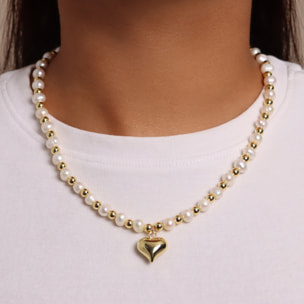Collana di Perle Bianche d'Acqua Dolce con Bead Lucide e Ciondolo Cuore Bombato