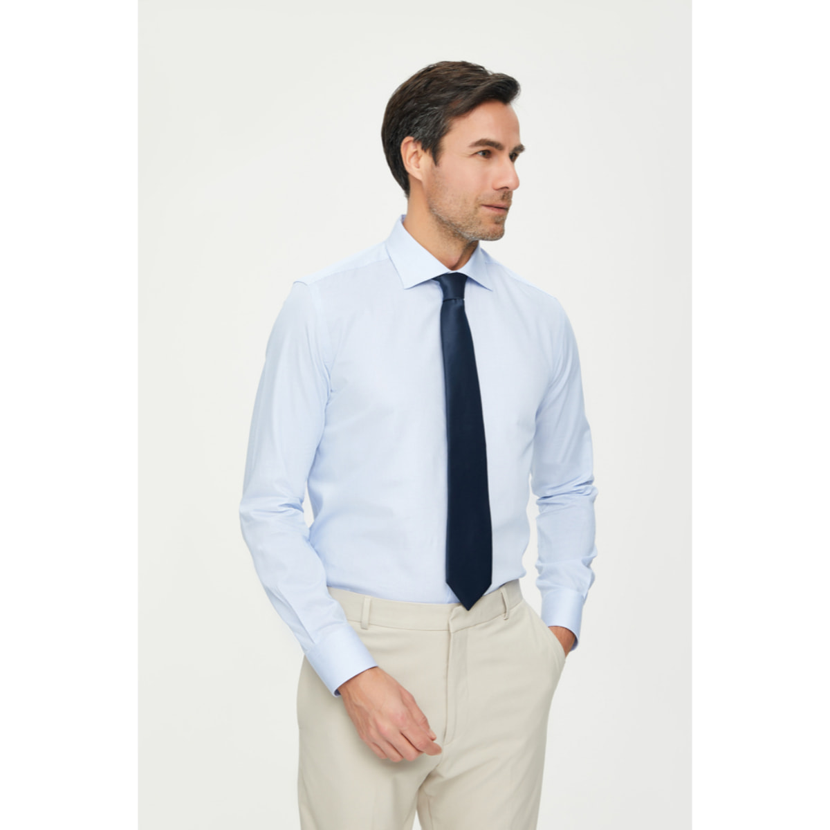Camicia Uomo 1 Bottone Francese Slim Cotone Riga Stretta Celeste/Bianco