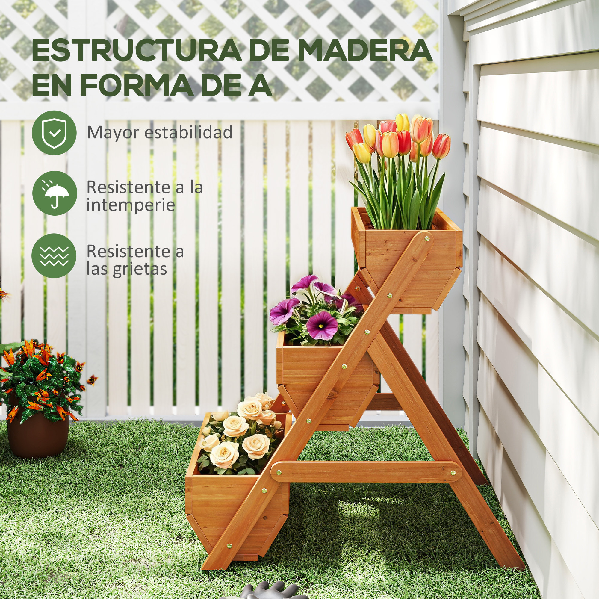 Jardinera de Madera de 3 Niveles, Jardinera Elevada Exterior con Orificios de Drenaje, Macetero para Cultivos de Plantas, Flores, para Terraza, Jardín, 65x75x76 cm, Marrón
