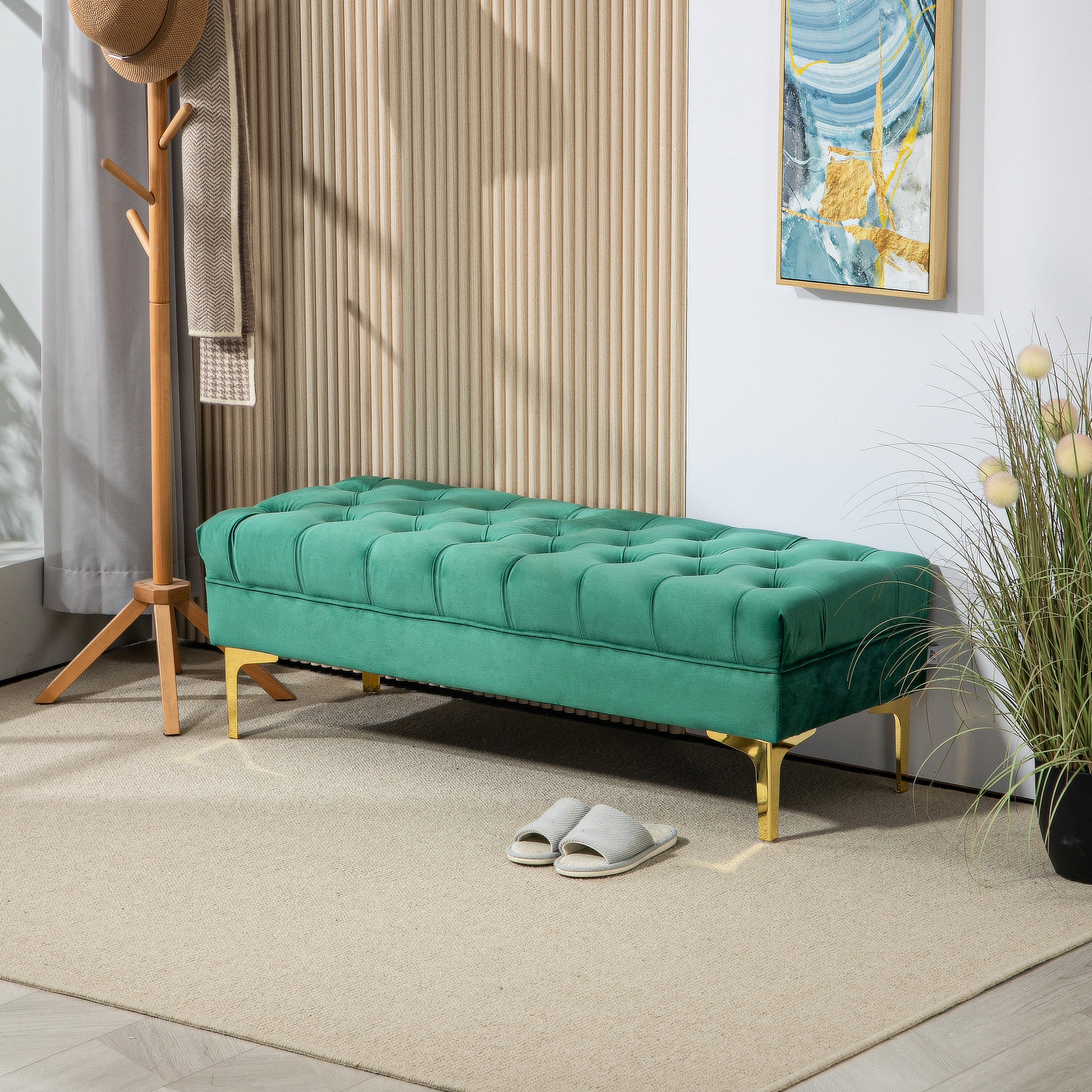 Banc banquette capitonnée style classique chic dim. 118L x 45l x 42H cm piètement métal doré velours vert
