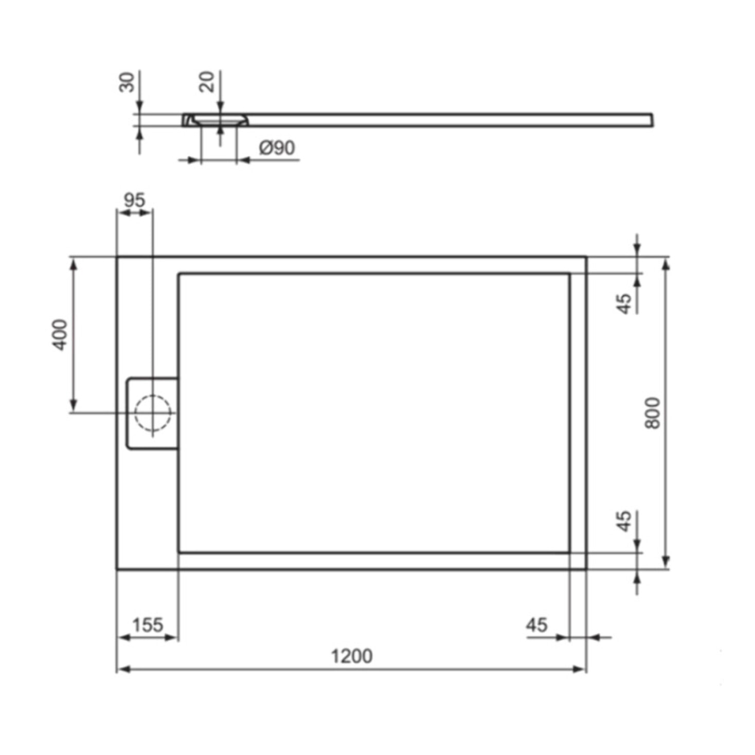 Receveur de douche antidérapant Ultra Flat S I.Life recoupable avec bonde largeur 120 x 80