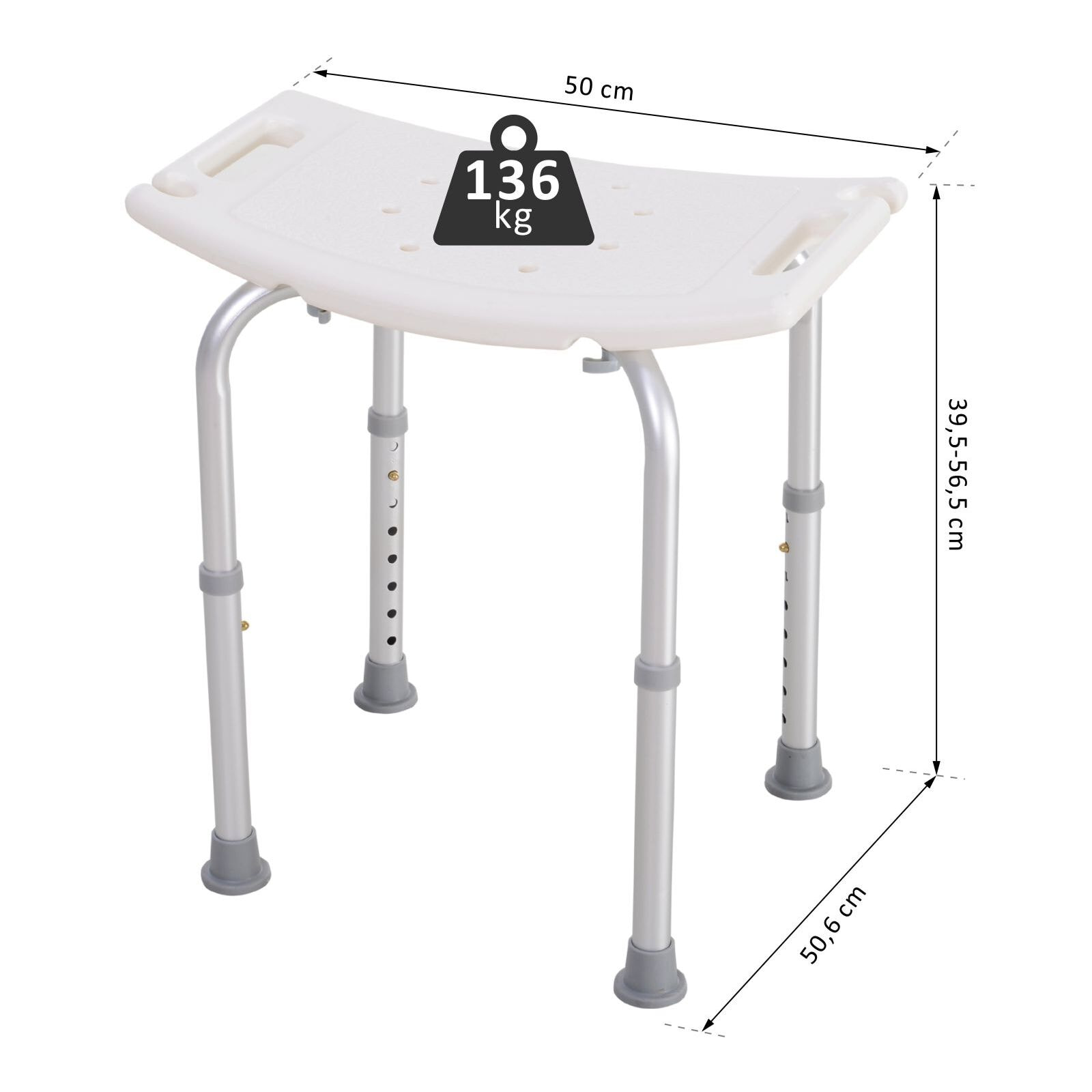 Siège de douche réglable en hauteur tabouret de douche ergonomique pieds antidérapants charge max. 136 Kg alu HDPE blanc