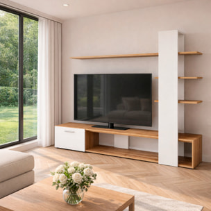 Parete Attrezzata Soggiorno Mobile Tv Ripiani Mensola Moderno Living Arredo Contemporaneo Contenitore Vani Salvaspazio 190x152x35 Cm Rovere E Bianco