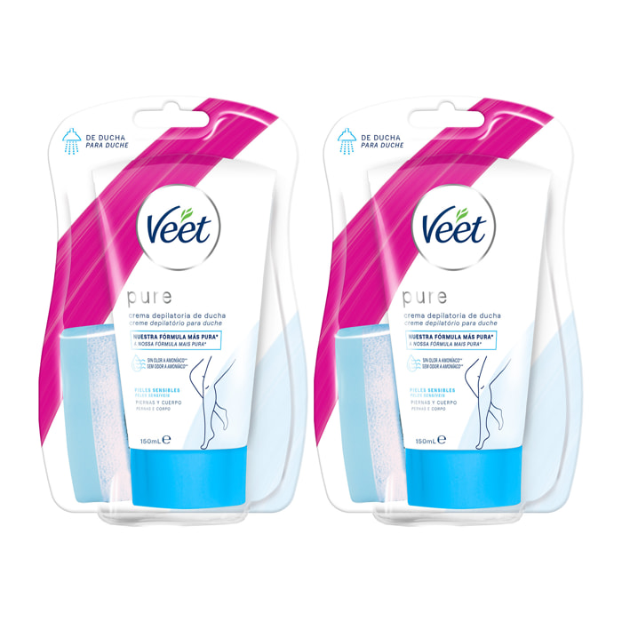 Veet Pure Crema Depilatoria de Mujer para Cuerpo y Piernas, para pieles sensibles, para Ducha, Pack 2x 150ml
