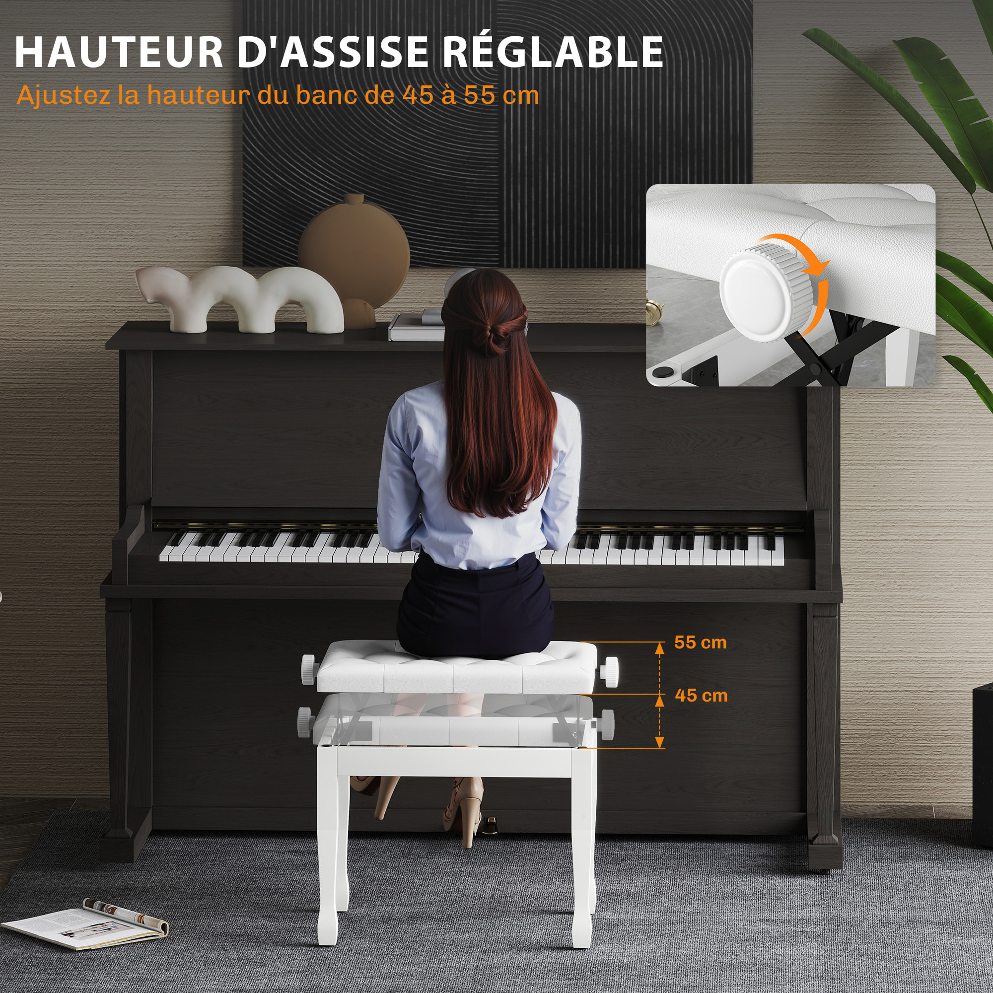 Banquette piano tabouret siege hauteur reglable blanc bois revêtement synthétique