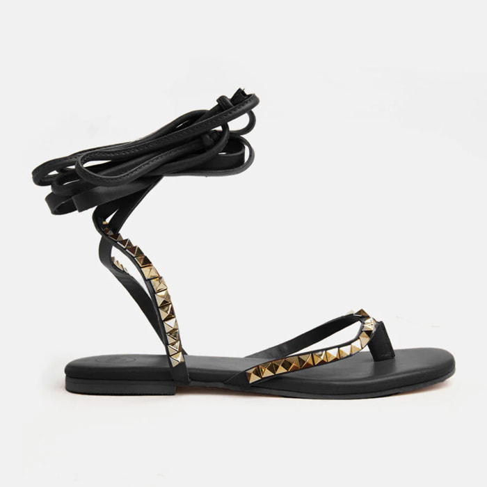 Sandalo in vera pelle con cinturini alla caviglia - NERO