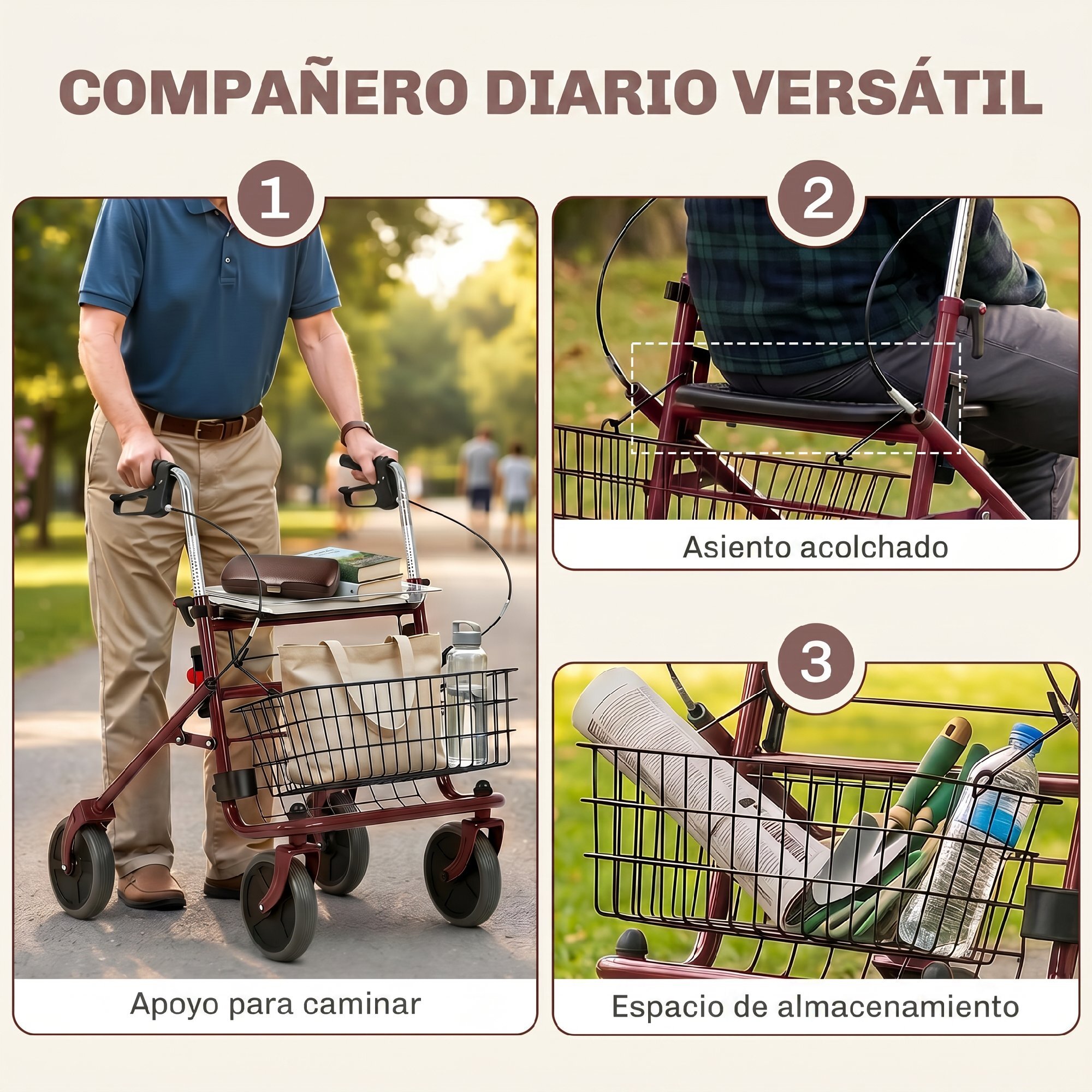 Andador para Ancianos Plegable, Andadores Adultos para Personas Mayores con Asiento y 4 Ruedas Altura Ajustable Frenos de Maneta Cesta Bandeja y Porta Bastón Rojo Vino