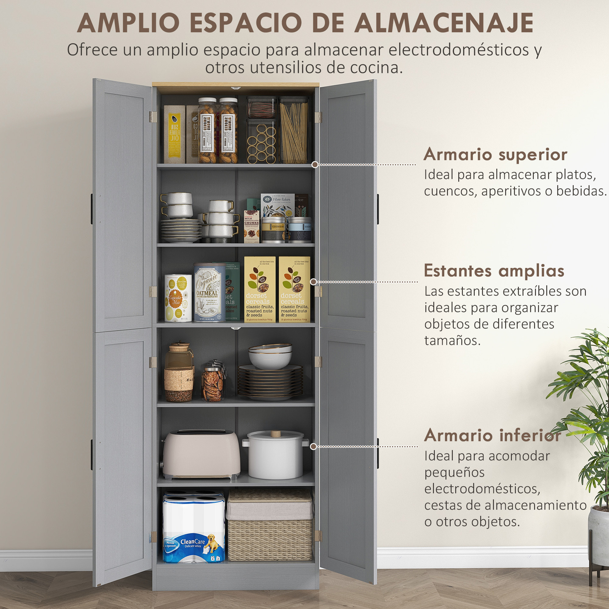 Alacena de Cocina Armario de Cocina Mueble Auxiliar con Puertas y Estantes Ajustables Antivuelco para Comedor Salón 60x30x171 cm Gris