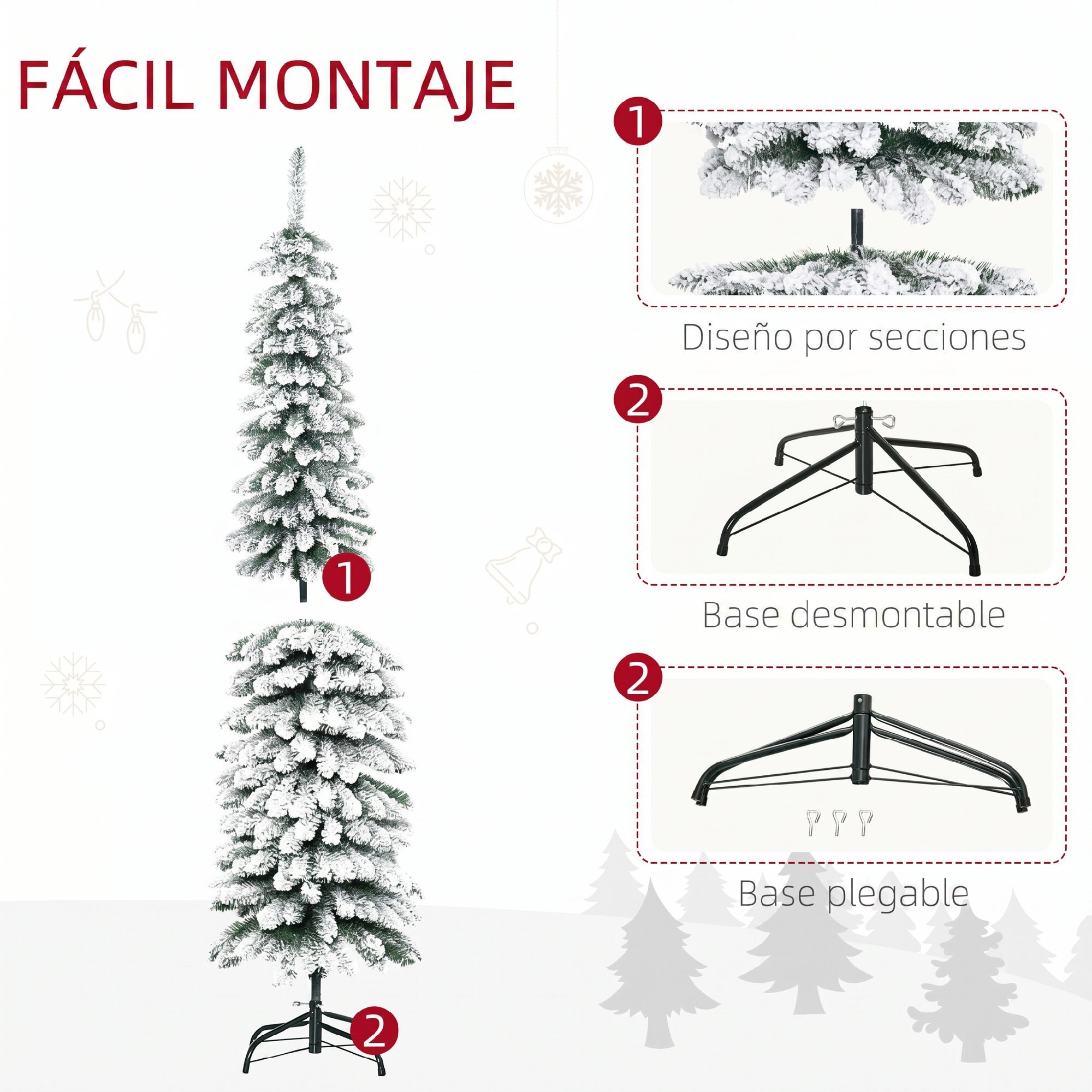 Árbol de Navidad Estrecho 180 cm, Árbol de Navidad Artificial Nevado con 395 Ramas y Soporte de Metal Plegable, Decoración Navideña para Salón, Interior, Verde
