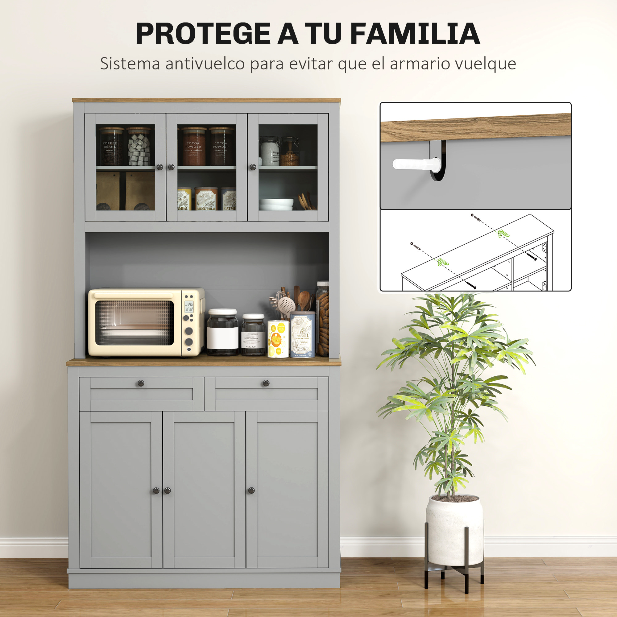 Alacena de Cocina, Mueble Auxiliar de Cocina, con 3 Puertas de Vidrio, Encimera Abierta para Microondas, 2 Cajones y Estantes Ajustables, 100x40x180 cm, Gris