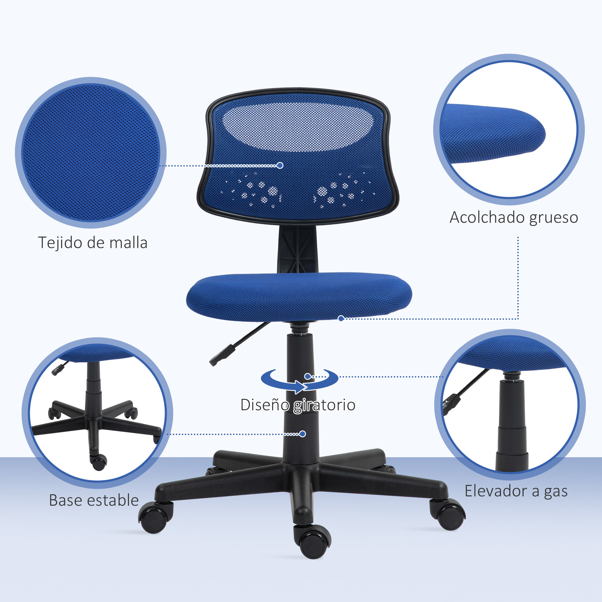 Silla de Oficina sin Brazos Silla de Escritorio Giratoria con Respaldo de Malla Transpirable Altura Ajustable Silla de Despacho Carga 120 kg Azul