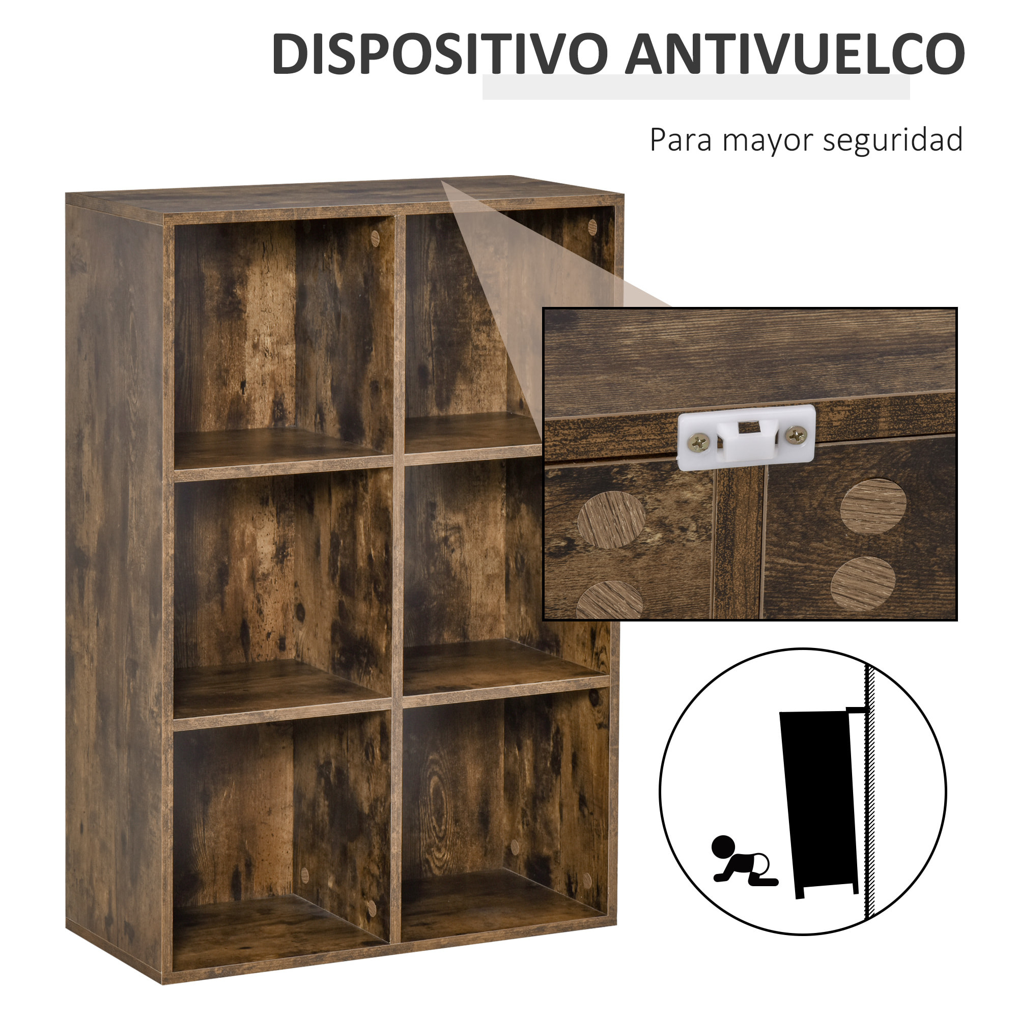 Librería de 3 Niveles, Estantería para Libros con 6 Cubos de Almacenaje, para Sala de Estar, Dormitorio, Estudio, Oficina, 65,5x30x97,5 cm, Marrón Rústico