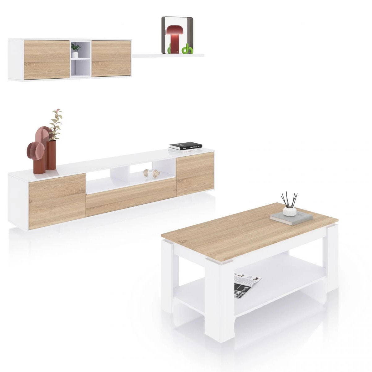 Pack salón con mesa de centro Kenzo Plus V1 Blanco Artik (Blanco Mate) - Roble Canadian