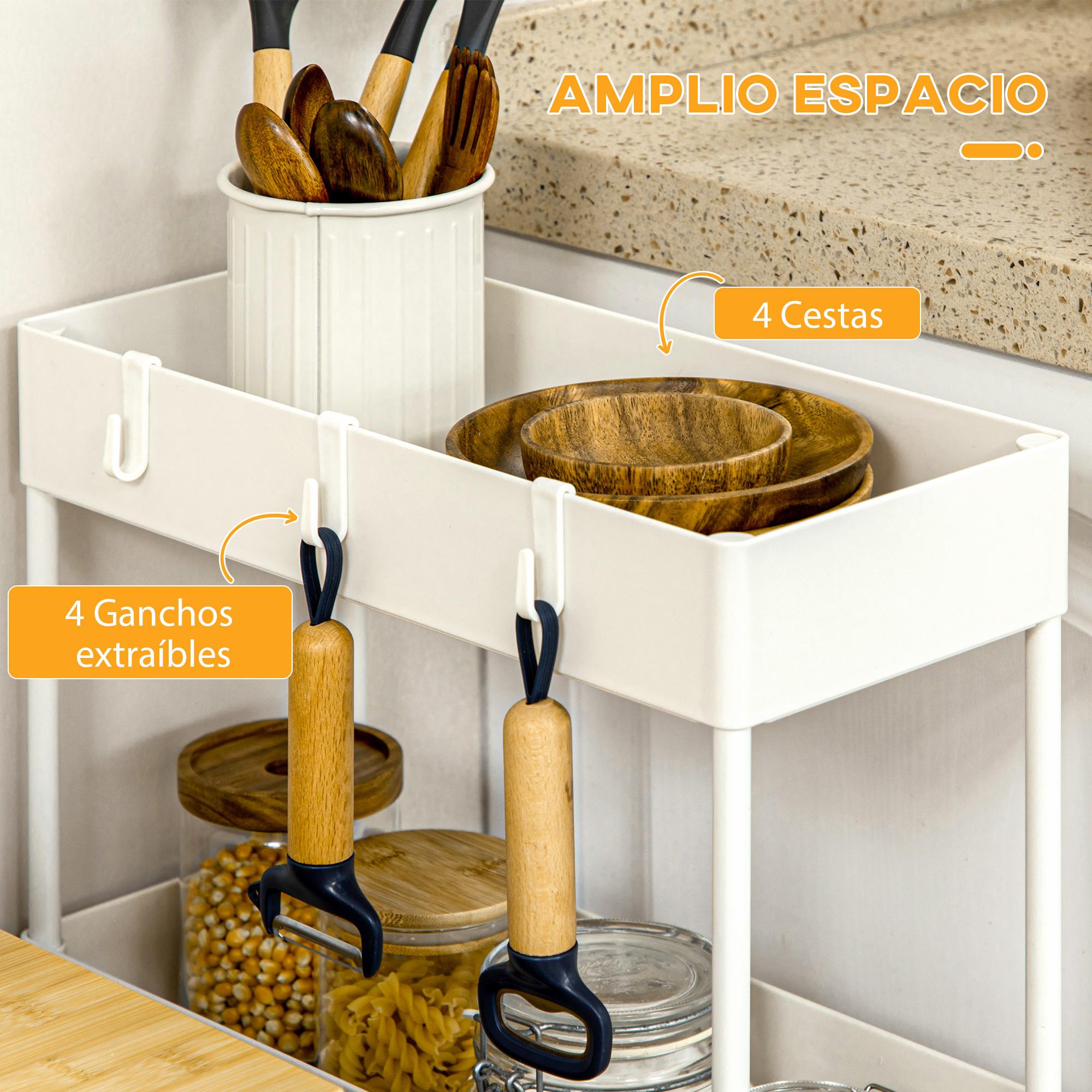 Carrito Auxiliar con Ruedas Carrito de Almacenamiento con 4 Cestas y 4 Ganchos Extraíbles para Cocina Baño Salón 40x19x90 cm Blanco