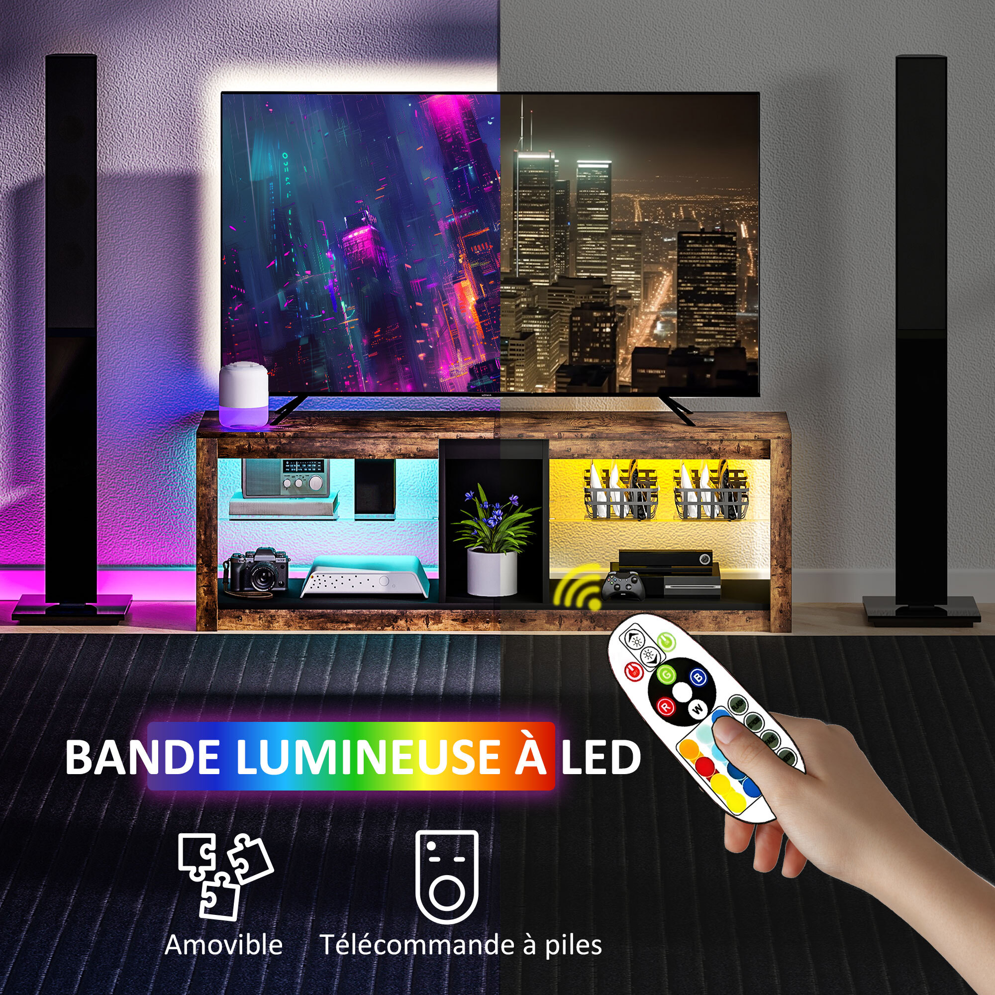 Meuble TV LED avec télécommande - banc TV design industriel - 2 étagères verre, niche centrale - effet bois noir