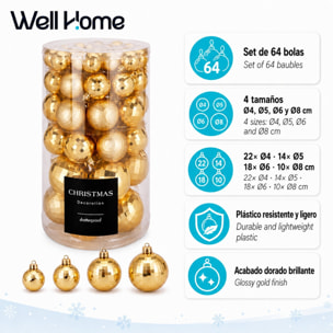 Set de 64 bolas de navidad doradas en 4 tamaños (22x ø4, 14x ø5, 18x ø6 y 10x ø8 cm) en acabado brillante