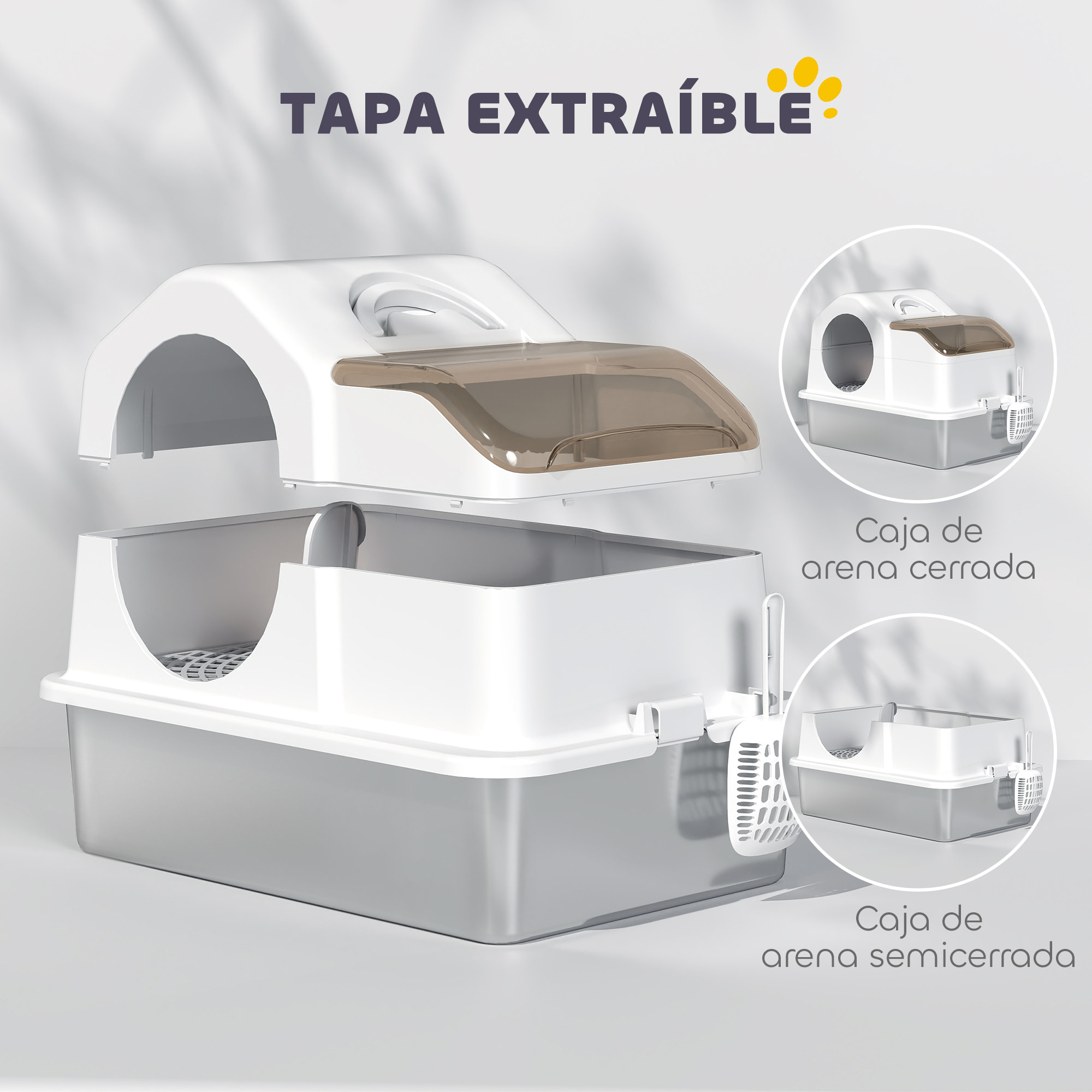 Arenero para Gatos Cubierto Extragrande Caja de Arena Cerrado con Bandeja de Acero Inoxidable Tapa Extraíble Bordes Altos Tapetes Pala sin Olor Fácil de Limpiar para Gatos Grandes Blanco