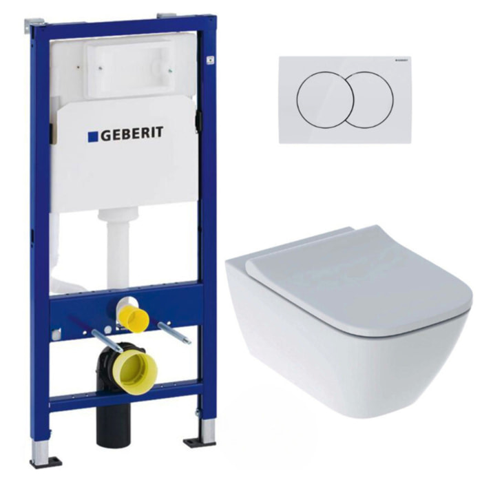 Pack WC Bati-support Geberit Duofix + WC sans bride Geberit Smyle + Abattant softclose + Plaque blanche (SmyleGeb1)