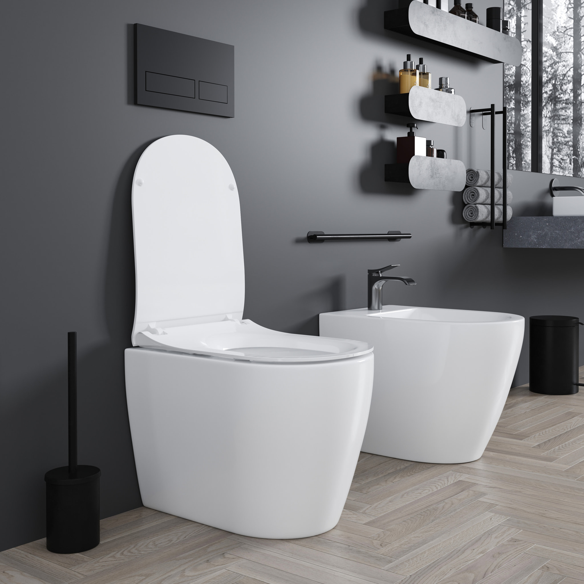 Coppia Sanitari Filomuro Filo Muro Vaso WC Rimless Senza Brida E Bidet Design Moderno In Ceramica Copriwater Chiusura Soft Close Rallentata Bianco