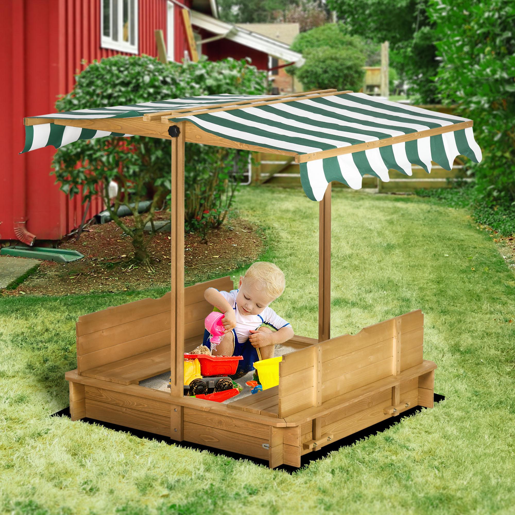 Outsunny Arenero para Niños de Madera Arenero Infantil con Toldo Ajustable en Altura 2 Bancos y Respaldos Desmontables para Patio Jardín 106x106x121 cm Natural y Rayas Verdes