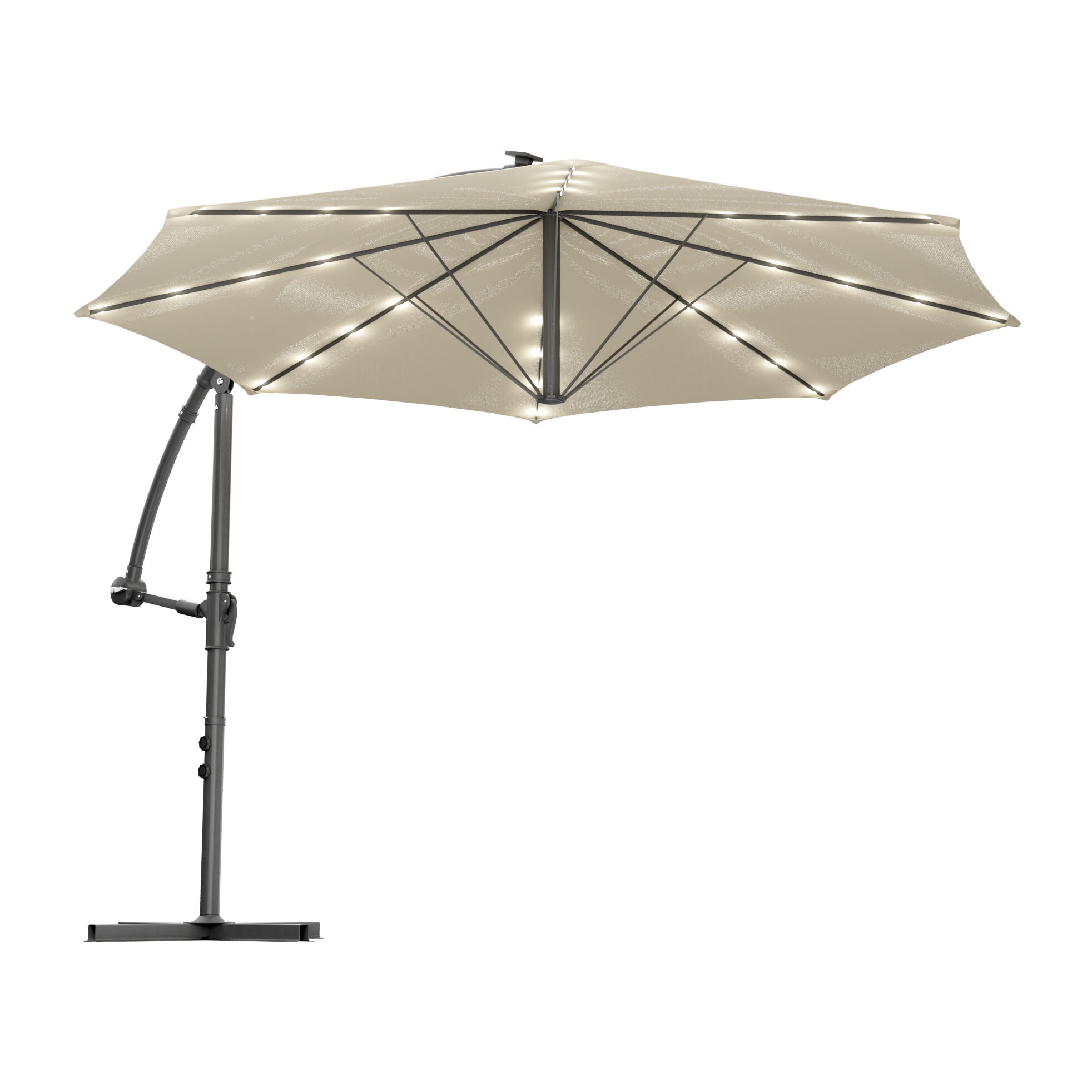 Solomoon - Ombrellone da giardino decentrato ø 350 cm con 32 led ad energia solare con manovella in accaio beige