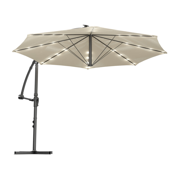 Solomoon - Ombrellone da giardino decentrato ø 350 cm con 32 led ad energia solare con manovella in accaio beige