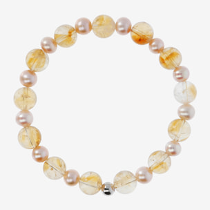 PERLAVIVA - Bracciale Elastico con Citrino Giallo e Perle d'Acqua Dolce Rosa Ø 5.5/6.5 mm