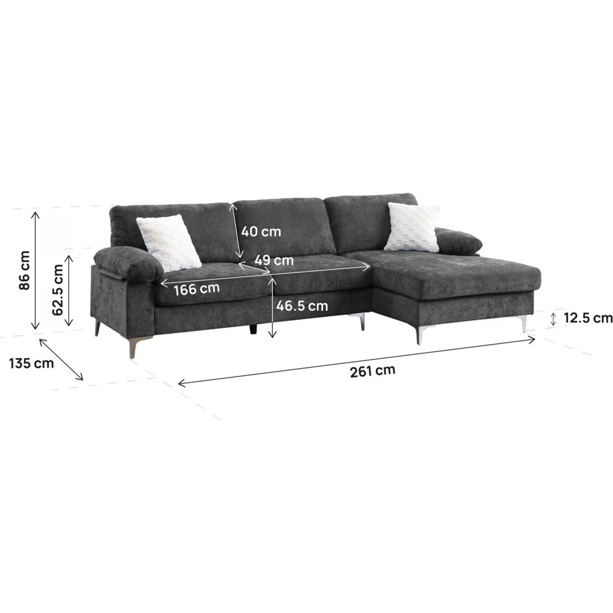 Canapé d'angle droit en tissu chenille "Jade" - 3 places - Gris