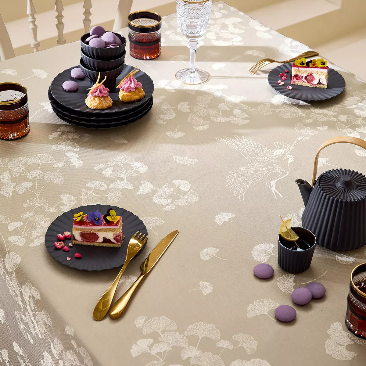 Serviette pur coton motif jacquard beige Mille ginkos naturel