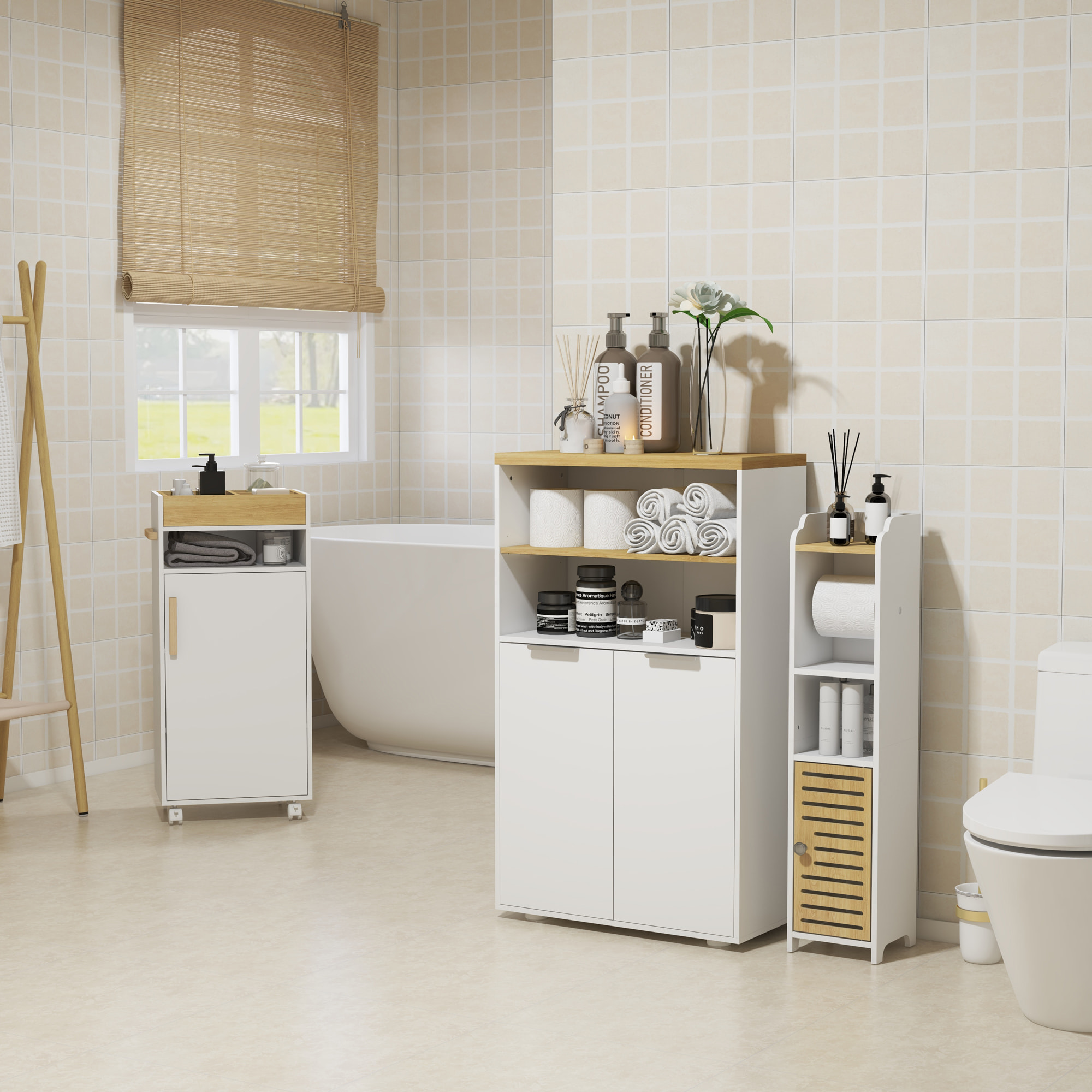 Meuble bas salle de bain - 2 portes, étagère, 2 niches - dim. 60L x 30l x 102H cm - blanc bois clair