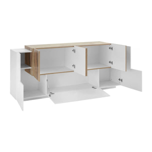 Credenza moderna a 7 ante, Made in Italy, Madia da cucina, Buffet di design da soggiorno, cm 200x45h86, colore Bianco lucido e Acero