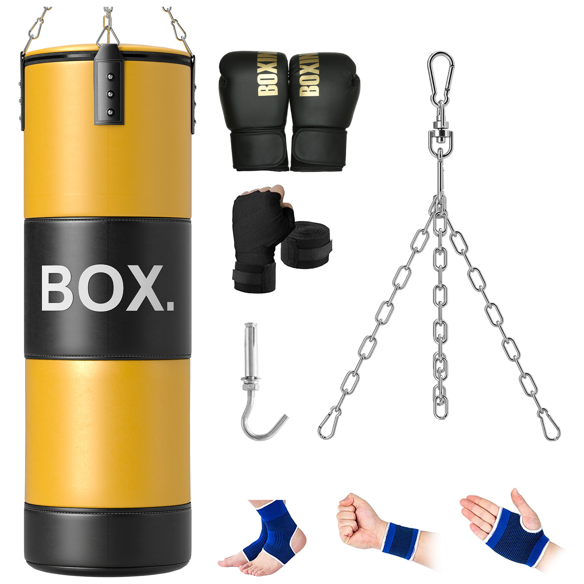 Saco de Boxeo sin Relleno Saco de Boxeo para Adultos con Guantes de Boxeo Gancho y Muñequeras Tobilleras para Entrenamiento MMA Muay Thai Amarillo