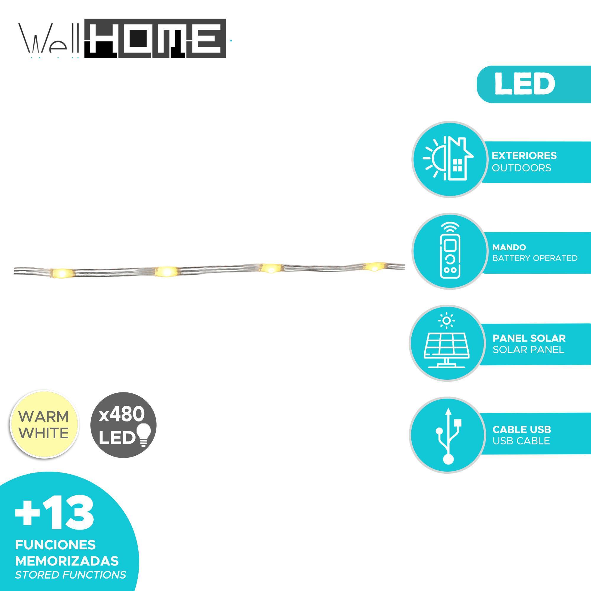 Guirnalda de luces solares recargables de 480 luces led blanco cálido con control remoto