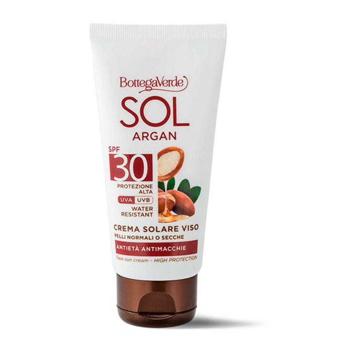 SOL Argan - Crema solare viso - antietà antimacchie - con olio di Argan e Vitamina E - SPF30 protezione alta - water resistant - pelli normali o secche
