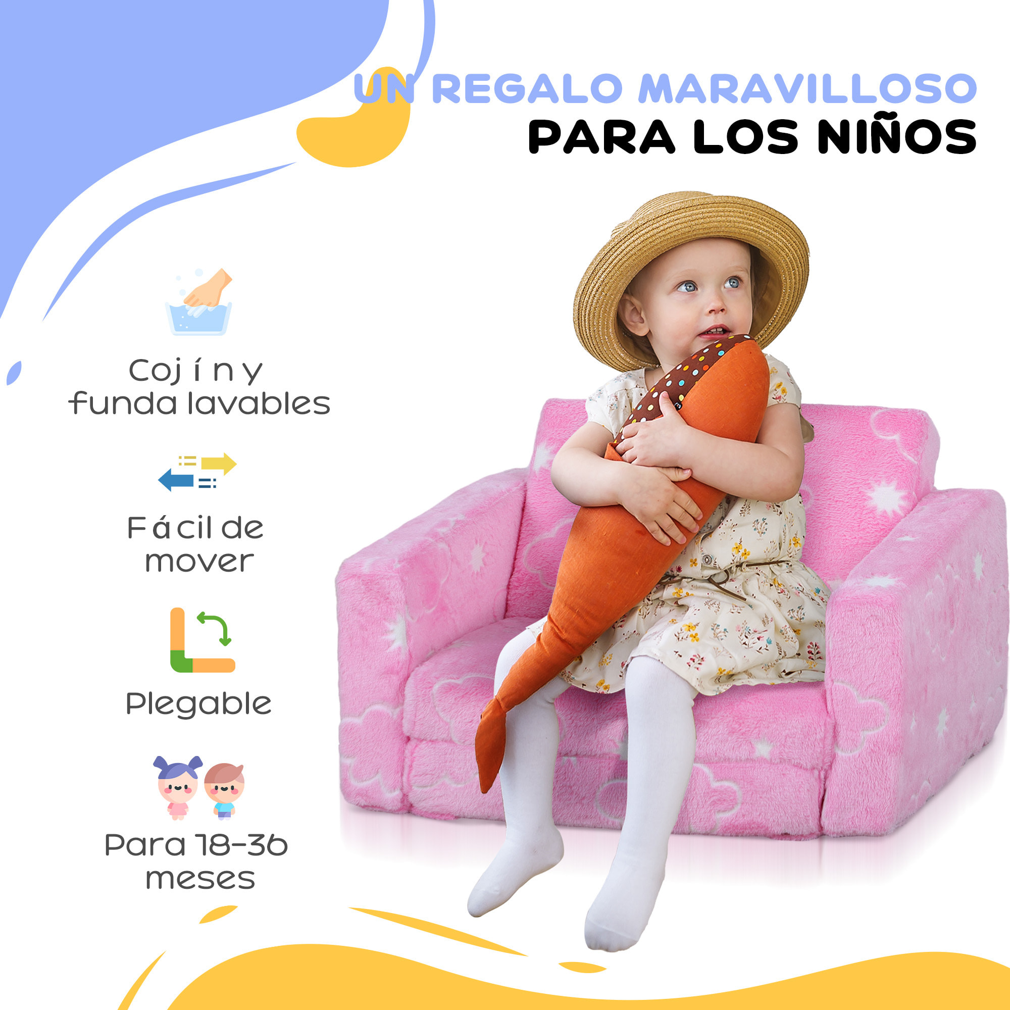 Sillón Infantil Plegable Sofá Infantil Reclinable 2 en 1 Sofá para Bebés Tapizado de Tela Luminosa Cojín y Funda Lavables para Dormitorio Salón Rosa