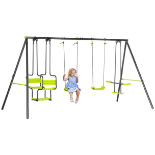 Balançoire 4 agrès portique avec 2 balançoires et 2 face à face dim. 3,55L x 1,84l x 1,86H m acier époxy gris PE vert