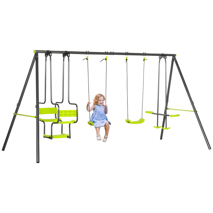 Balançoire 4 agrès portique avec 2 balançoires et 2 face à face dim. 3,55L x 1,84l x 1,86H m acier époxy gris PE vert